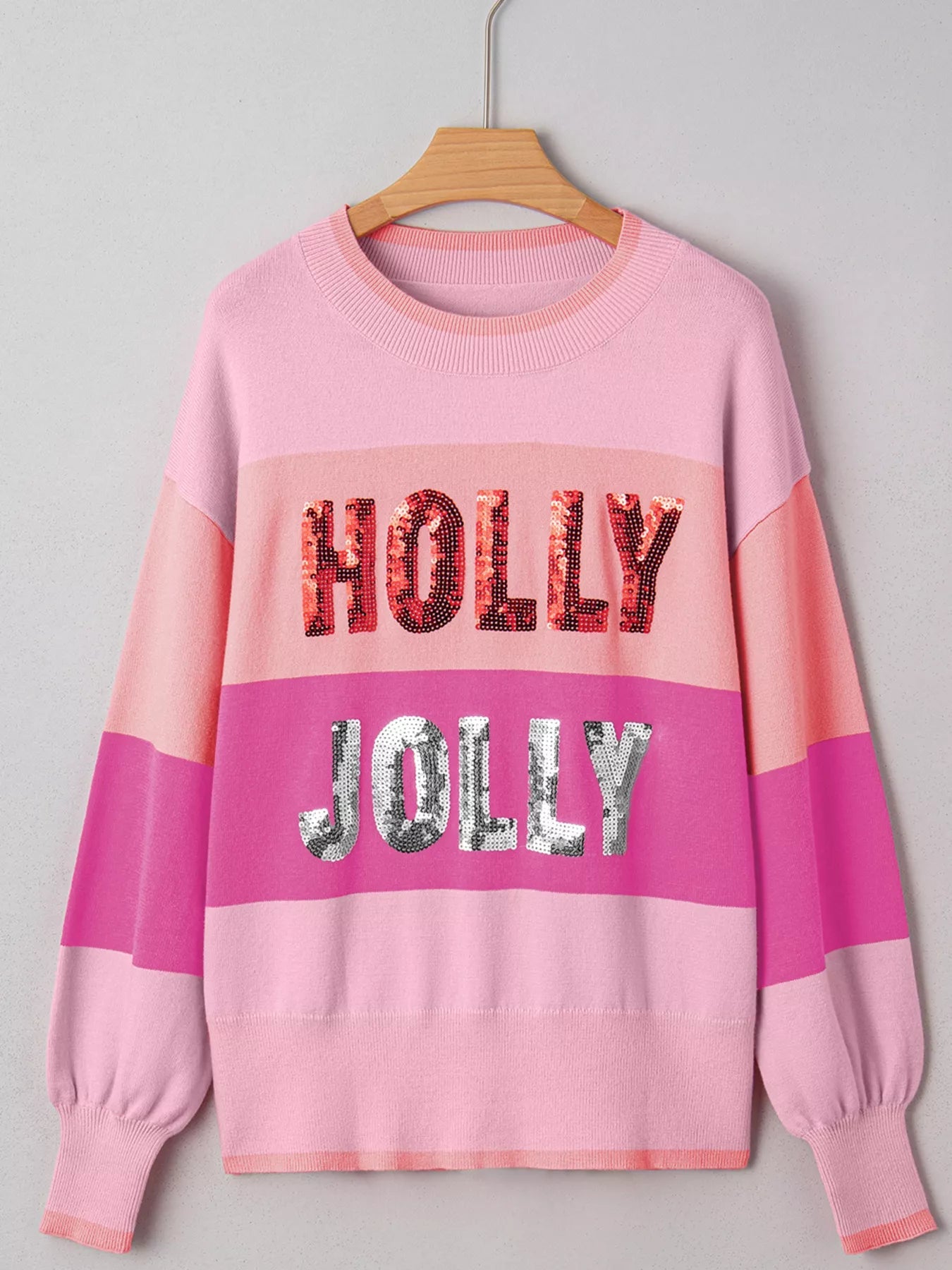 Sequined HOLLY JOLLY Color Block Crew Neck Sweater 
