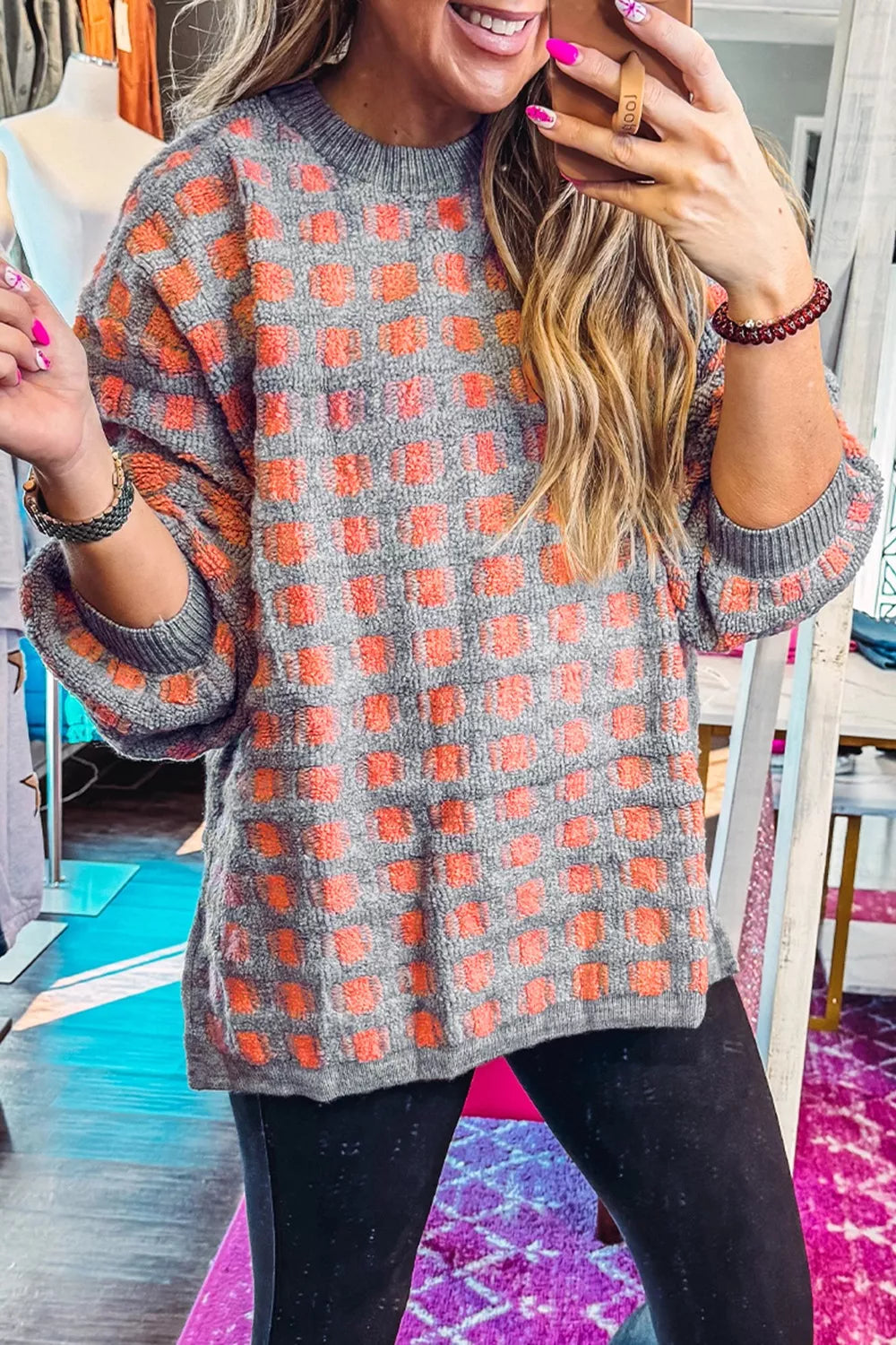 Plaid Round Neck Dropped Shoulder Sweater 