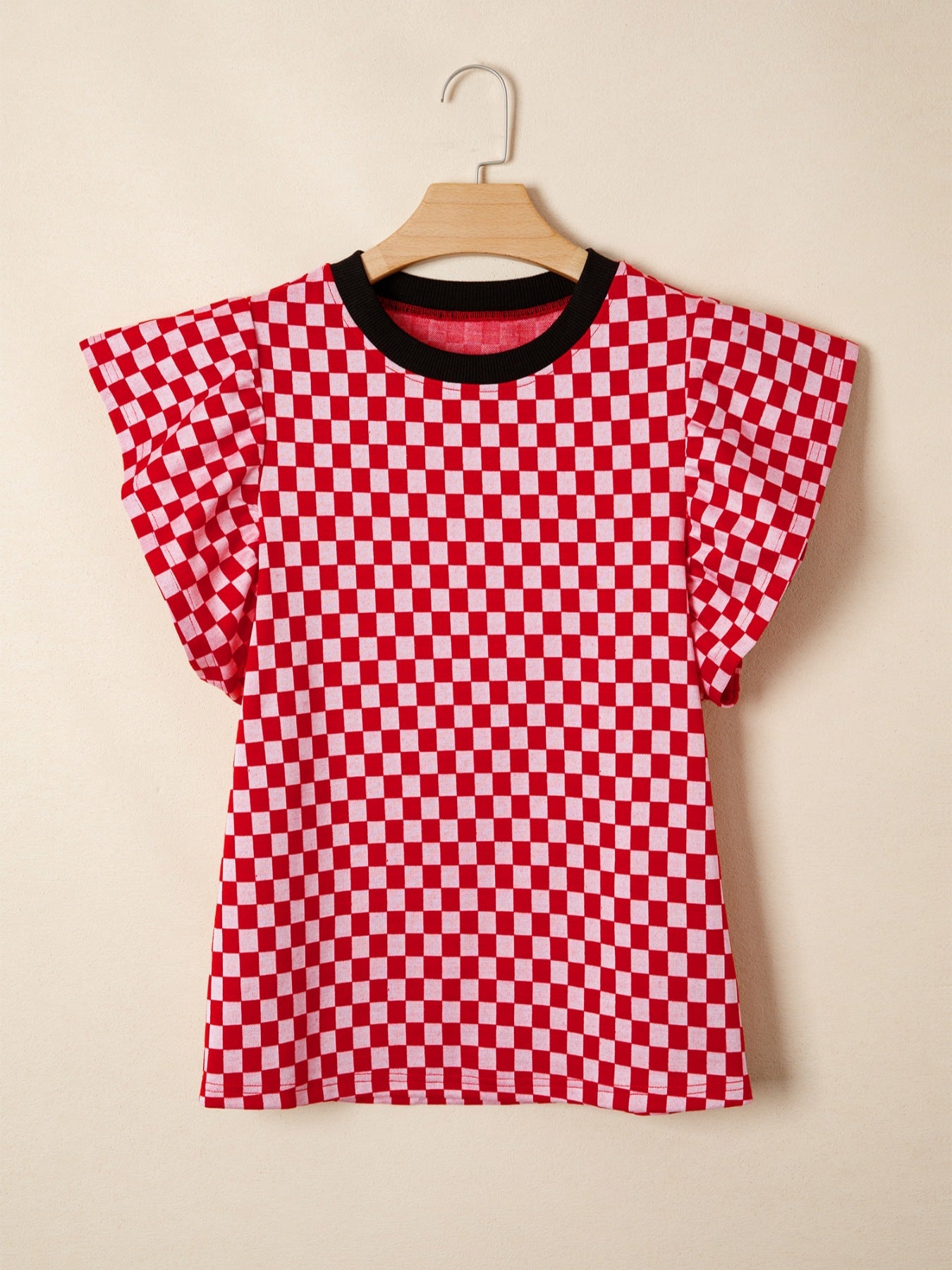 Checkered Print Ruffle Cap Sleeve Contrast Trim Round Neck Top 