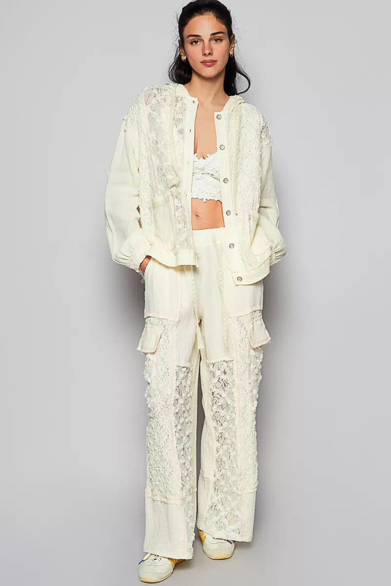 POL Exposed Seam Button Down Hooded Jacket with Lace Detail 