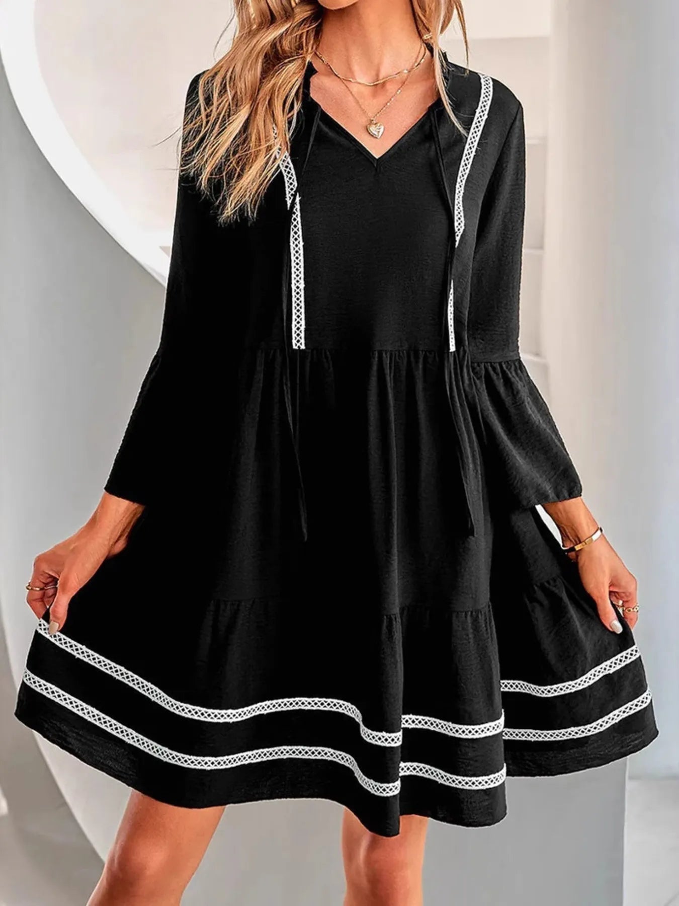 Tie-Neck Long Sleeve Mini Dress with Trim Detail 