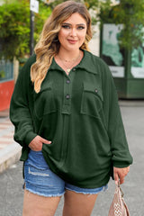 Plus Size Half Button Collared Neck Long Sleeve Blouse 