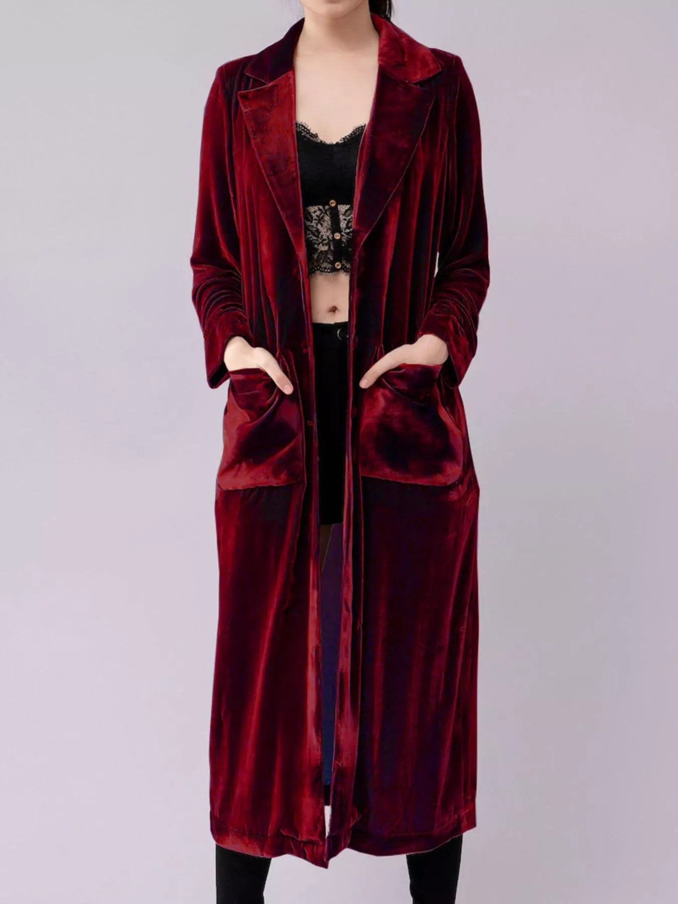 Velvet Lapel Collar Longline Coat 
