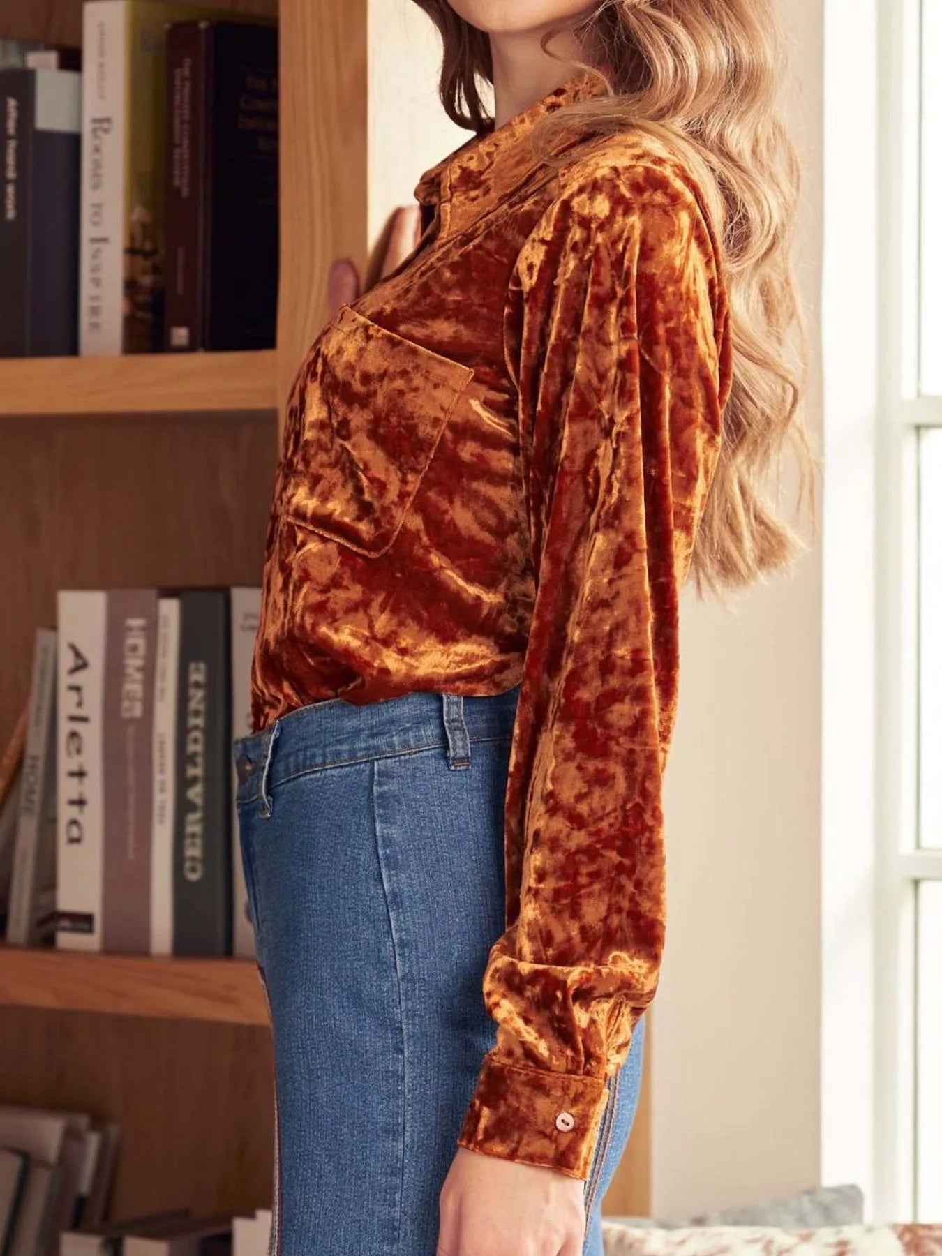 Velvet Button-Down Long Sleeve Shirt 