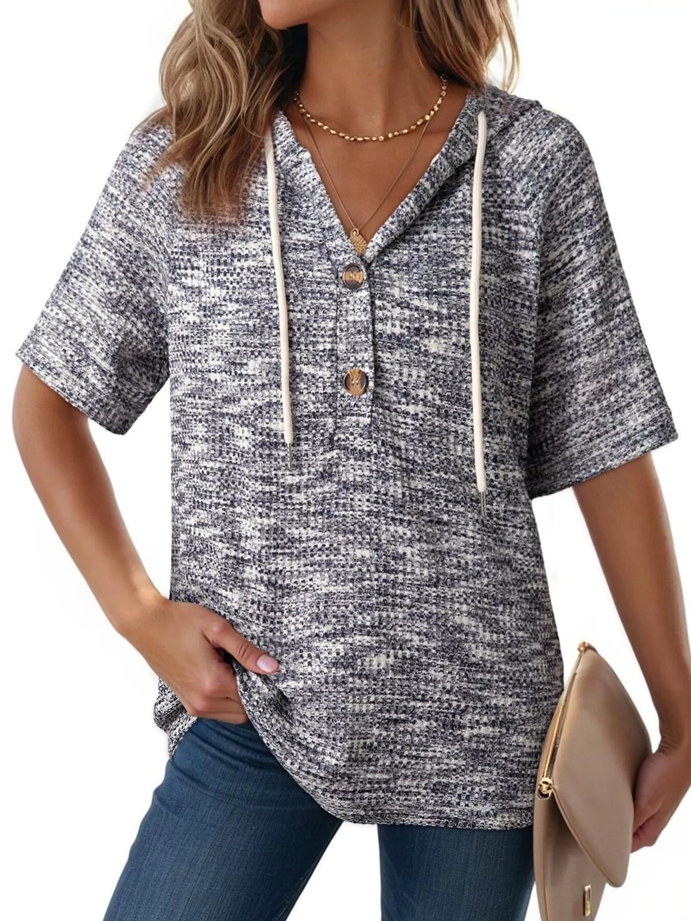 Drawstring Short Sleeve Hooded Top 