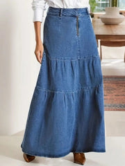 Tiered Maxi Denim Skirt with Zipper Detail 