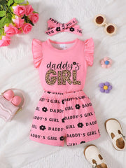Children's Headband Letter Ruffle Sleeve Top and Shorts 3-Piece Set 