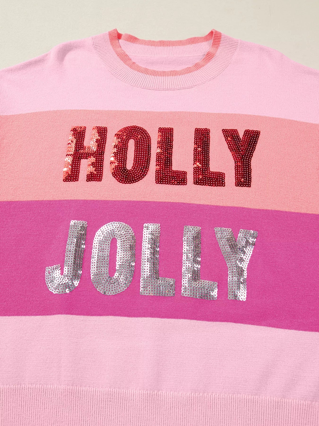 Sequined HOLLY JOLLY Color Block Crew Neck Sweater 