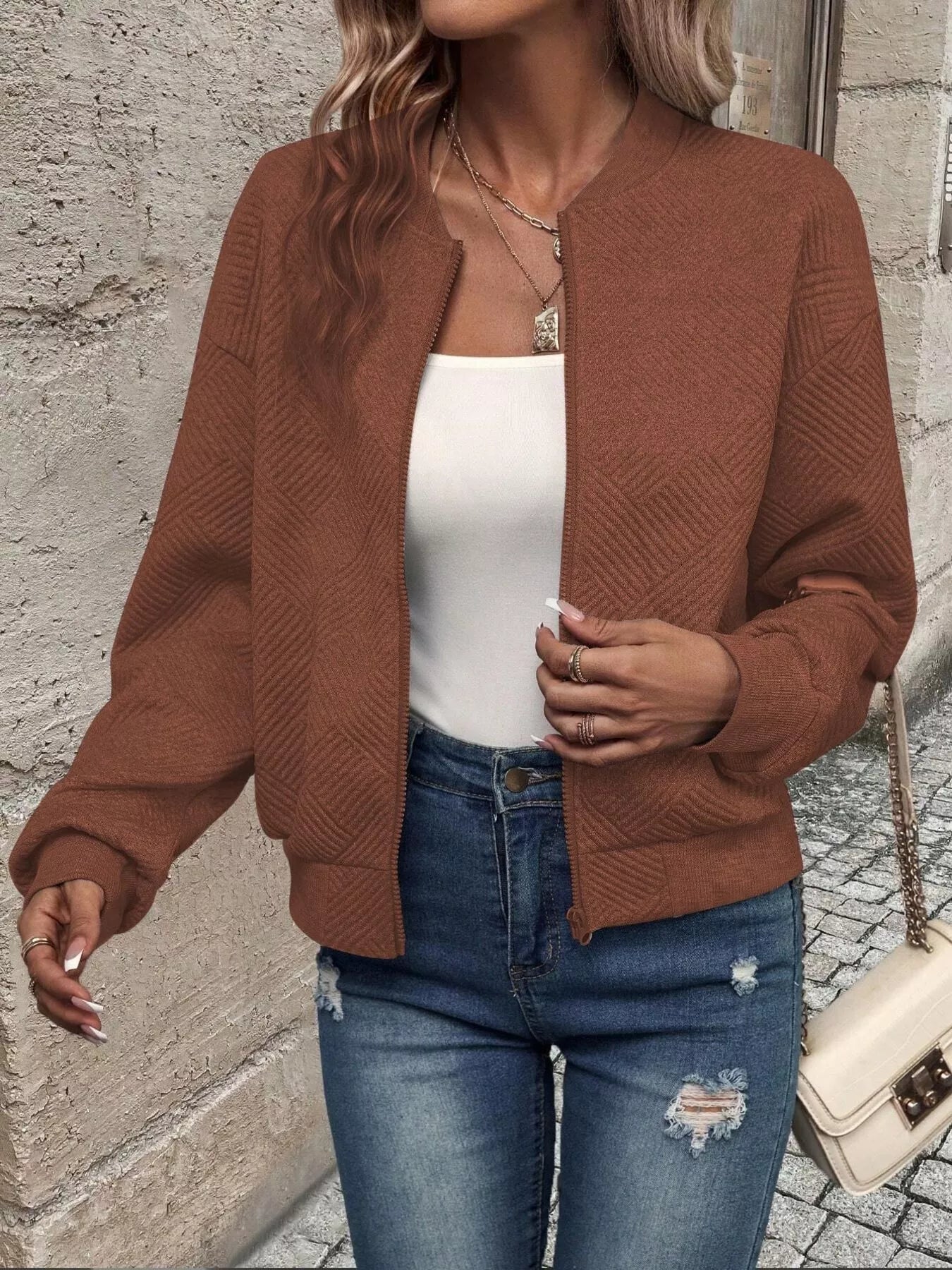 Full Size Zip Up Long Sleeve Textured Jacket Plus Size 