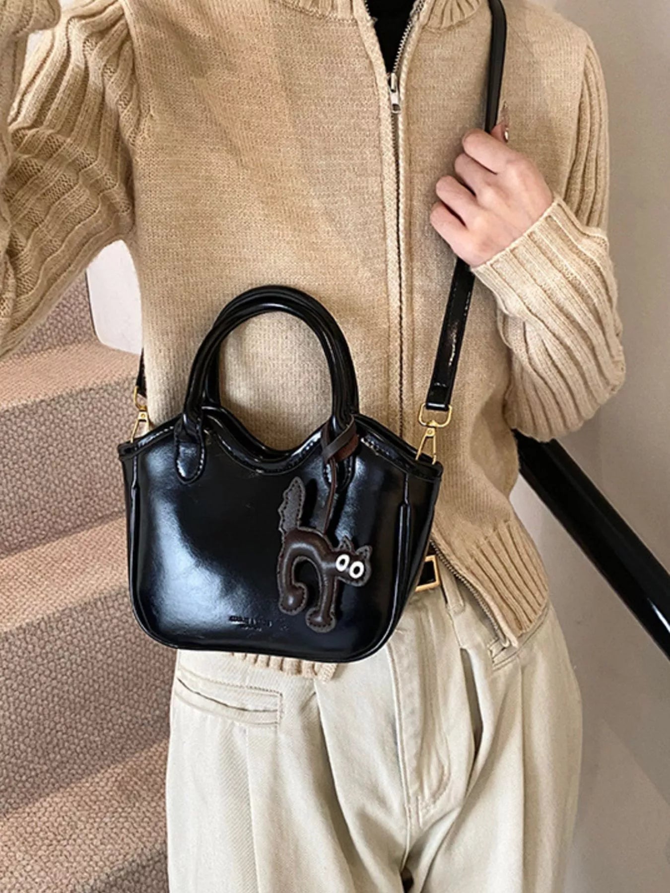 Leather Cat Charm Crossbody Bag 