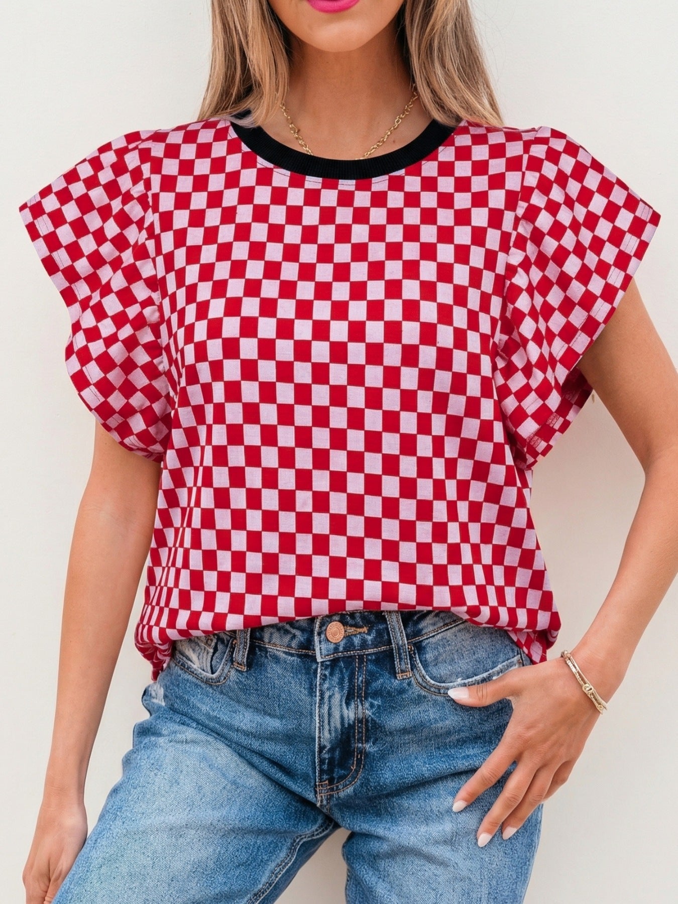 Checkered Print Ruffle Cap Sleeve Contrast Trim Round Neck Top 