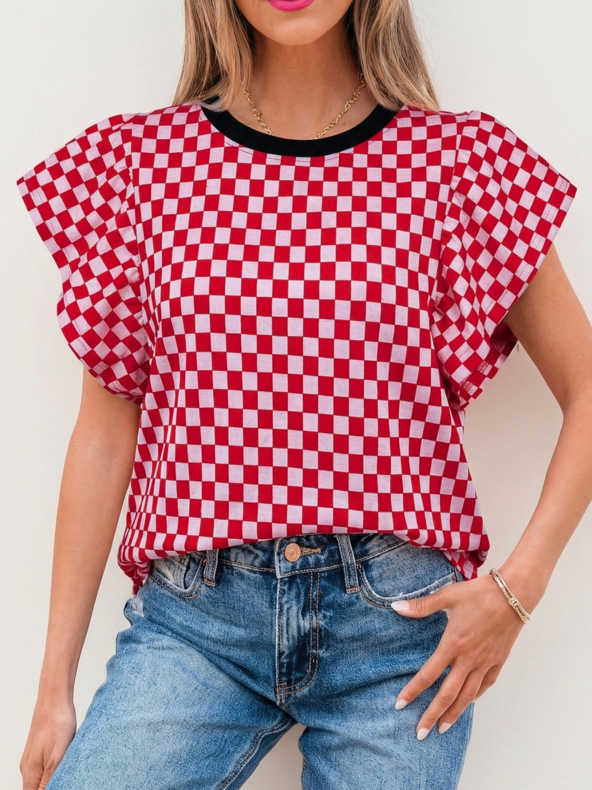 Checkered Print Ruffle Cap Sleeve Contrast Trim Round Neck Top 