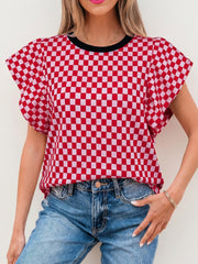Checkered Print Ruffle Cap Sleeve Contrast Trim Round Neck Top 