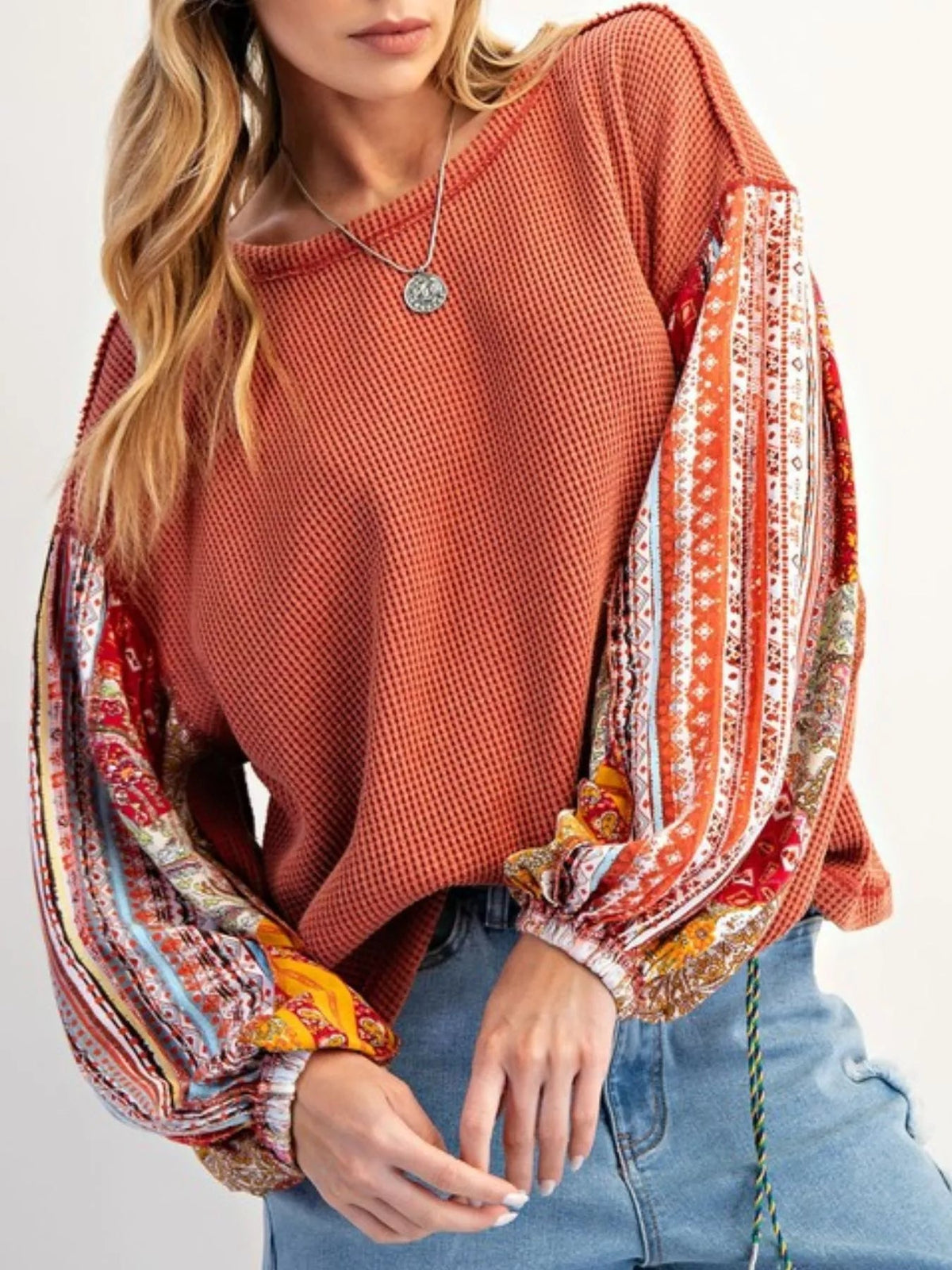Waffle Knit Round Neck Dropped Shoulder Sweatshirt 