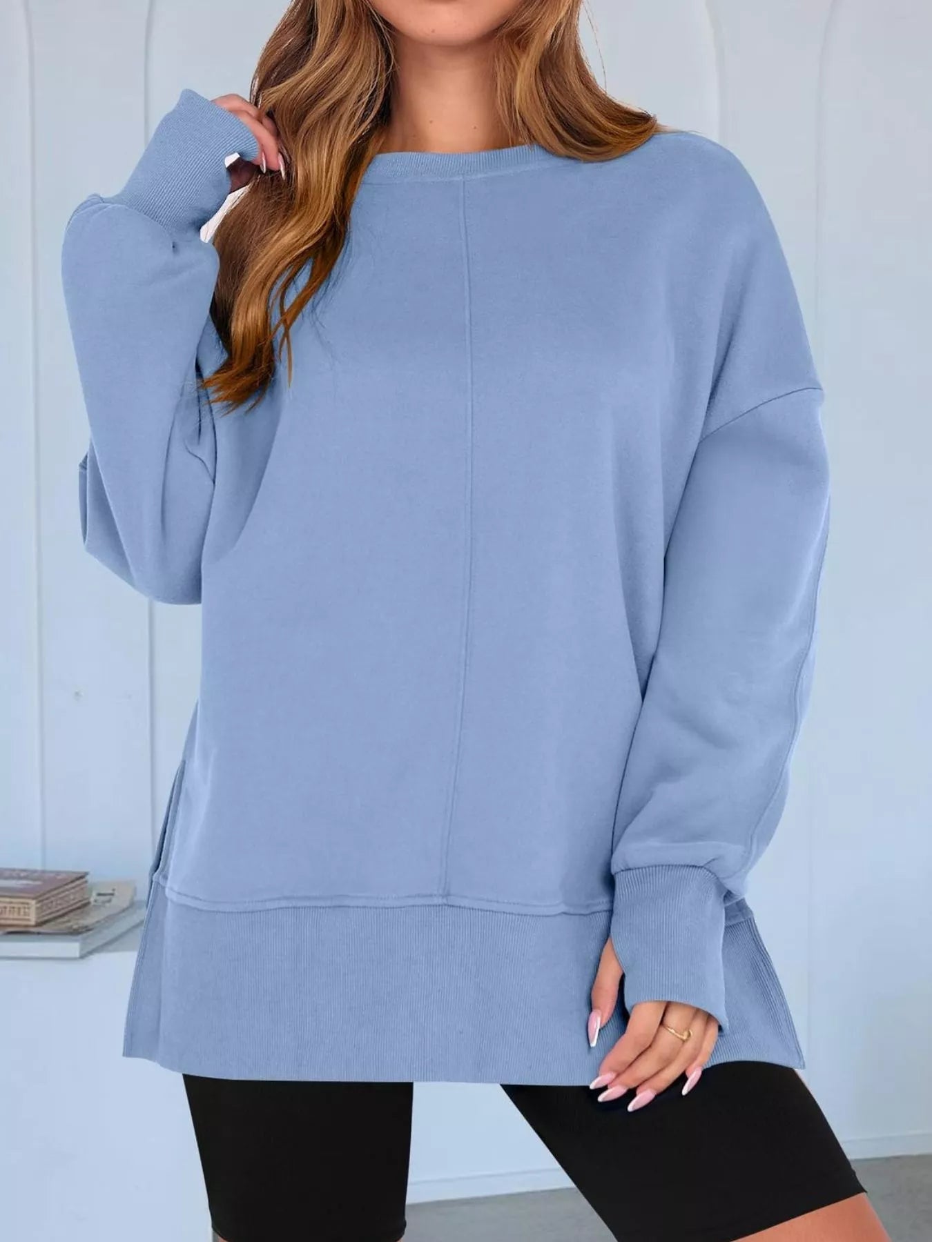 Side Slit Round Neck Long Sleeve Sweatshirt 