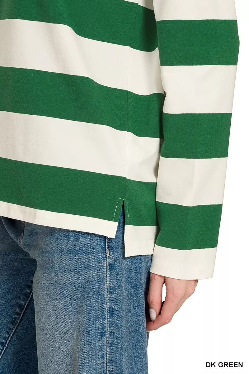 Zenana Striped Contrast Collar Polo Top 