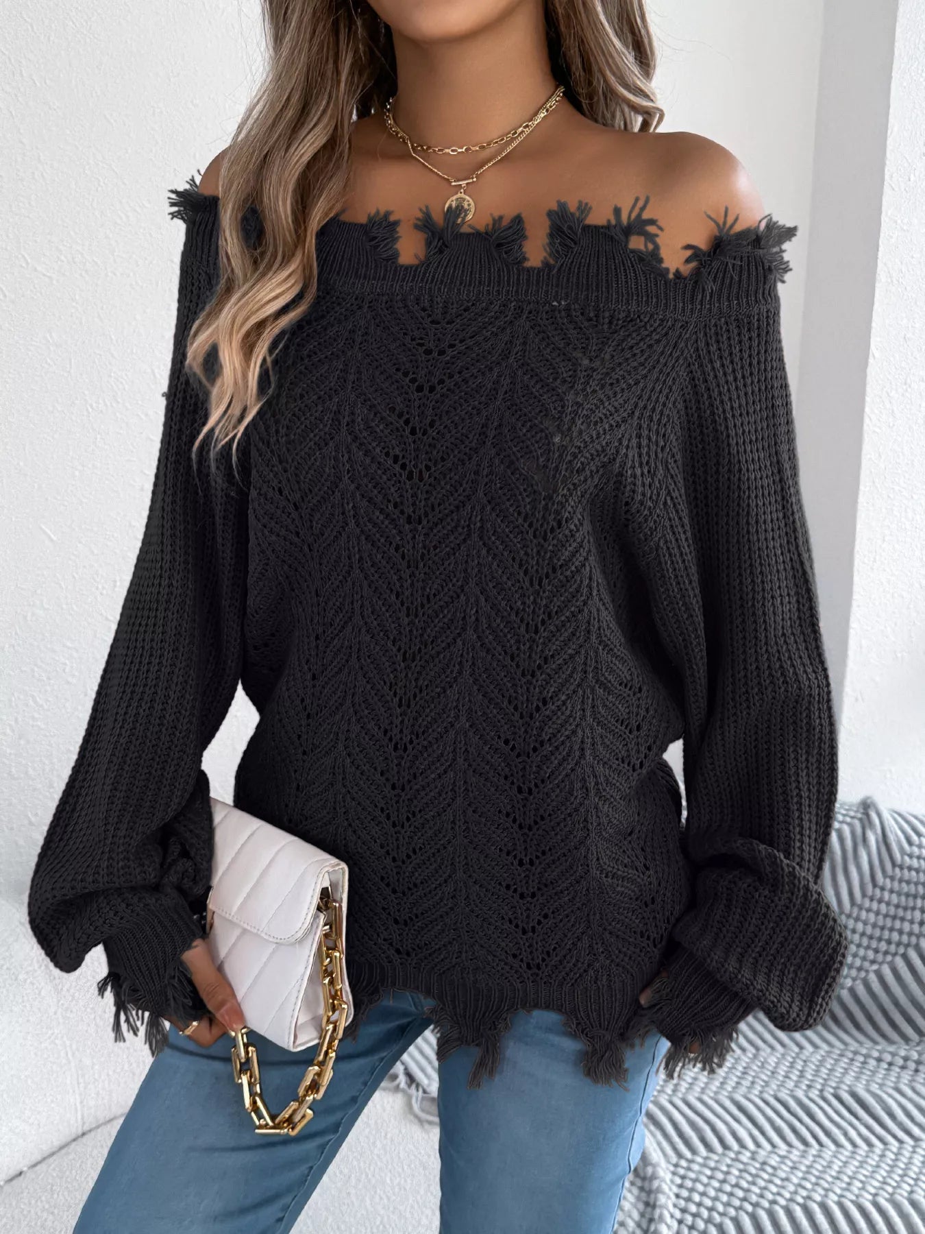 Distressed Hem Openwork Off-Shoulder Sweater 