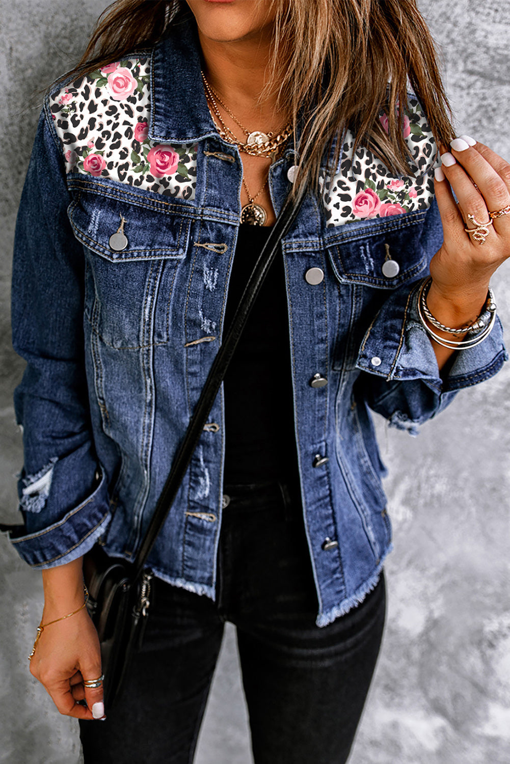 Mixed Print Distressed Button Front Denim Jacket 