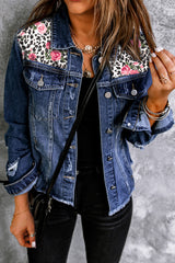Mixed Print Distressed Button Front Denim Jacket 