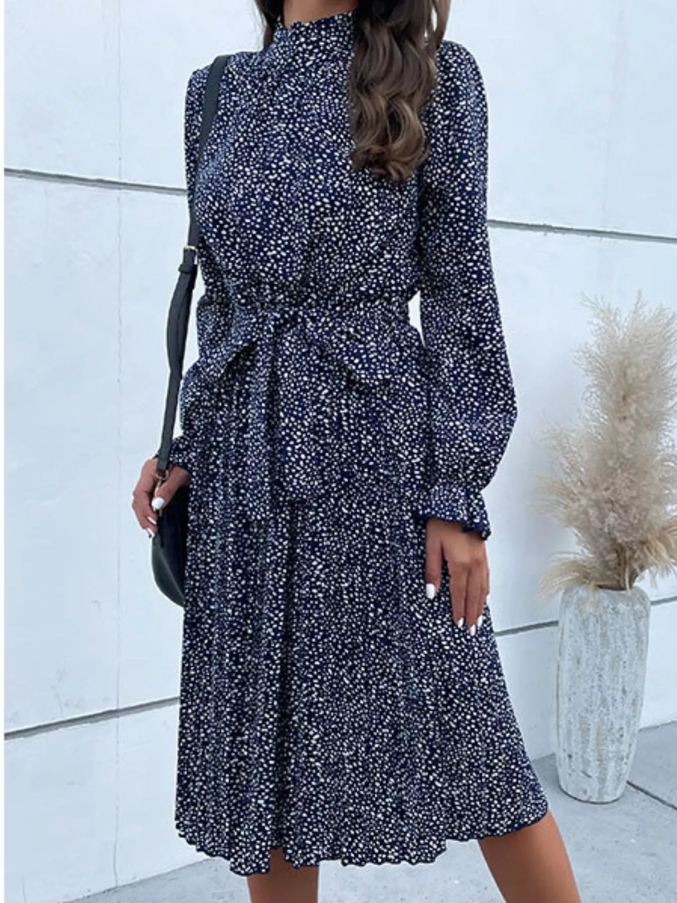 Animal Print Mock Neck Flounce Sleeve Dress 