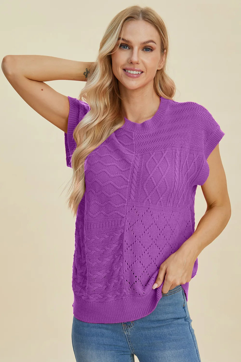 Double Take Full Size Cable-Knit Round Neck Cap Sleeve Sweater 