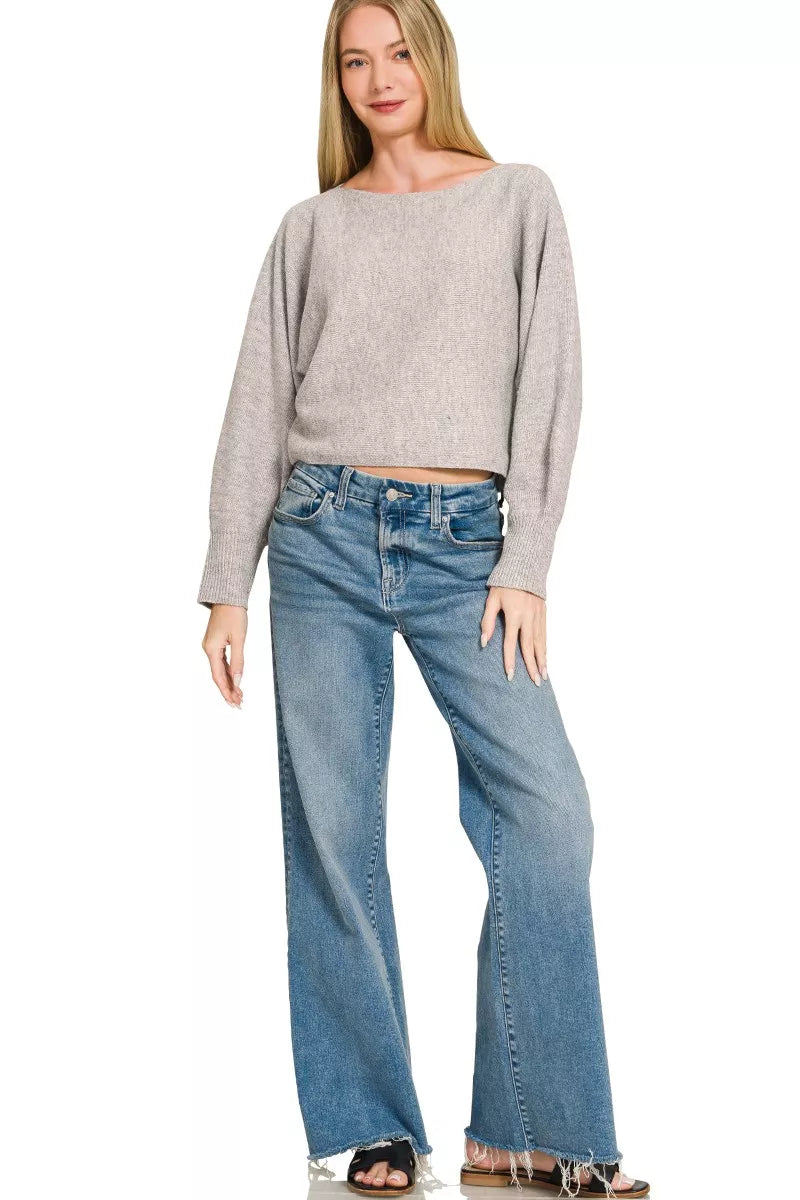 Zenana Boat Neck Balloon Sleeve Sweater 