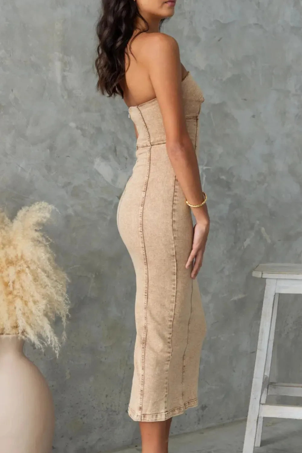 Washed Slit Back Tube Denim Dress 