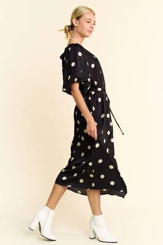 Davi & Dani Polka Dot Puff Sleeves Waist Tie Midi Dress 