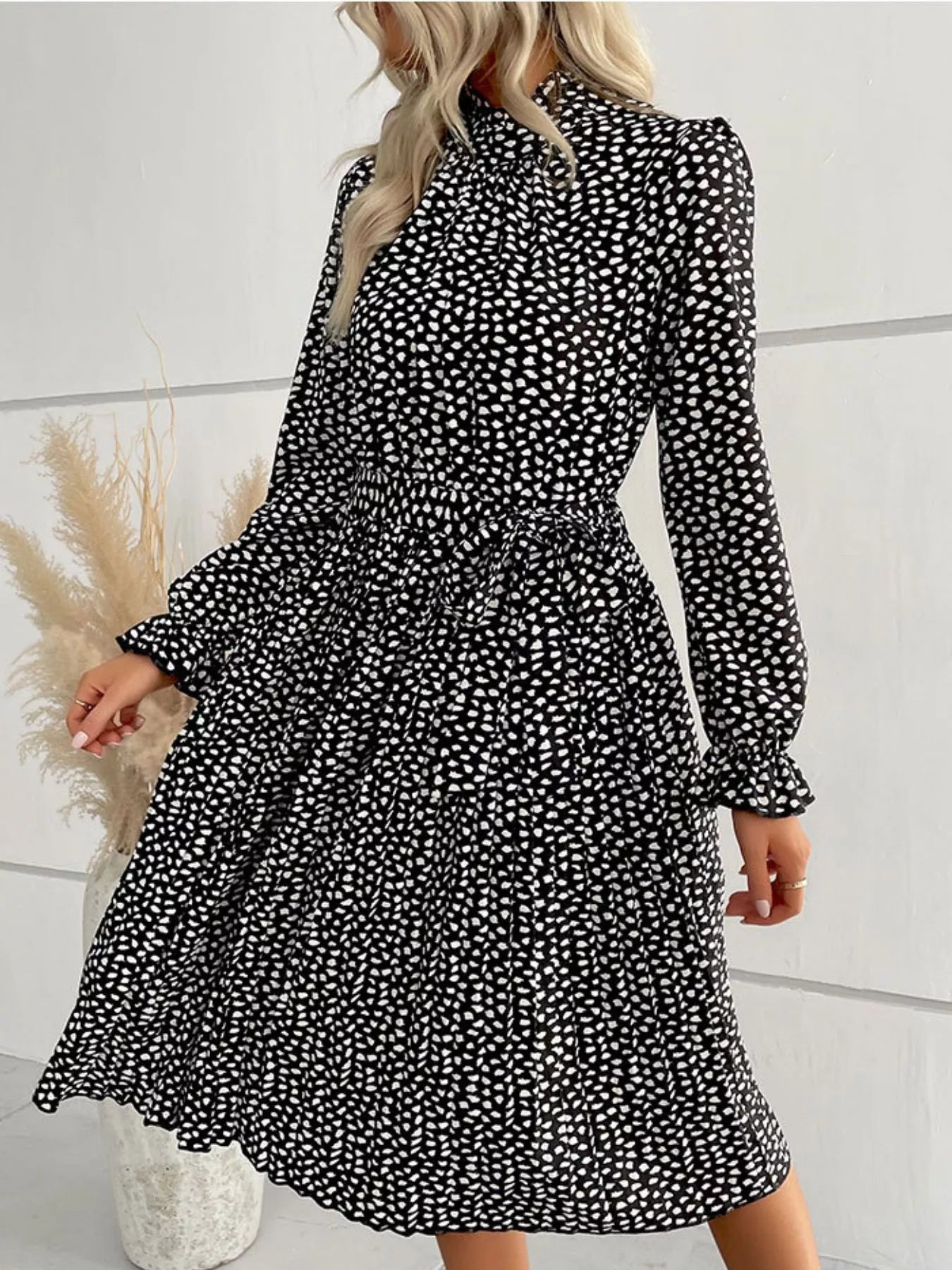 Animal Print Mock Neck Flounce Sleeve Dress 