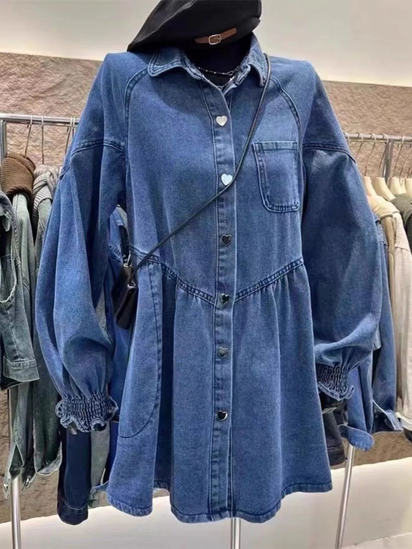 Oversized Long Sleeve Button-Up Denim Dress 