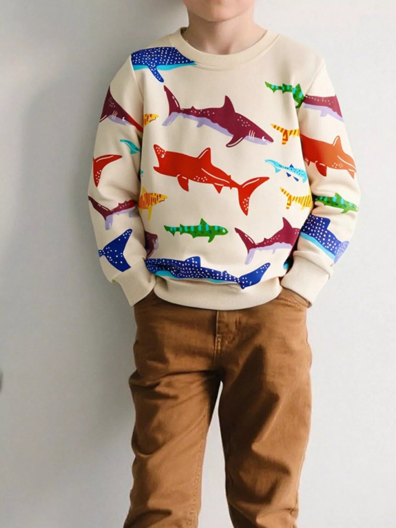 Children's Colorful Shark Print Crewneck Sweatshirt 