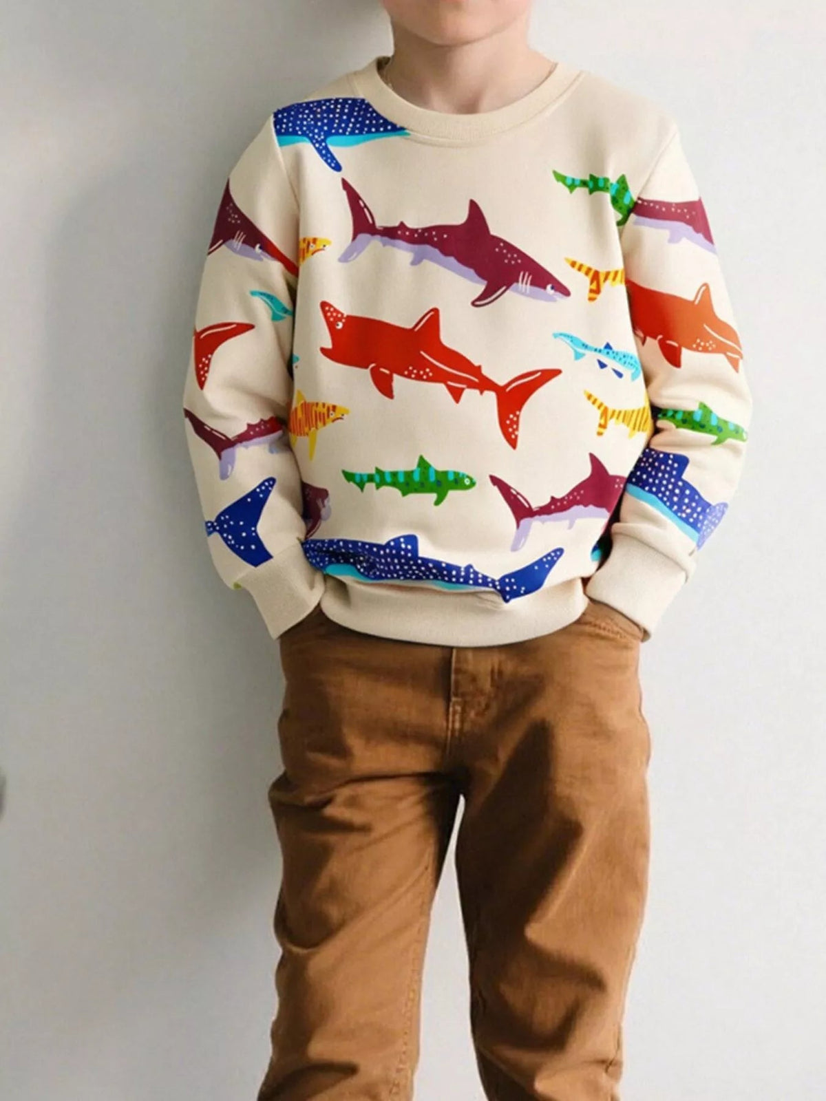 Children's Colorful Shark Print Crewneck Sweatshirt 