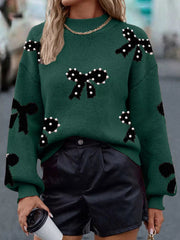 Pearl Bow-Embellished Long Sleeve Sweater 