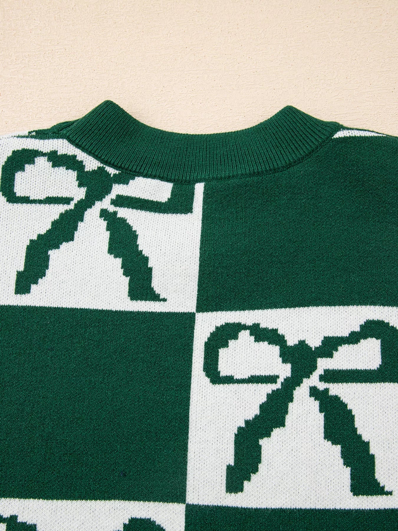 Checkered Bow Round Neck Casual Sweater 