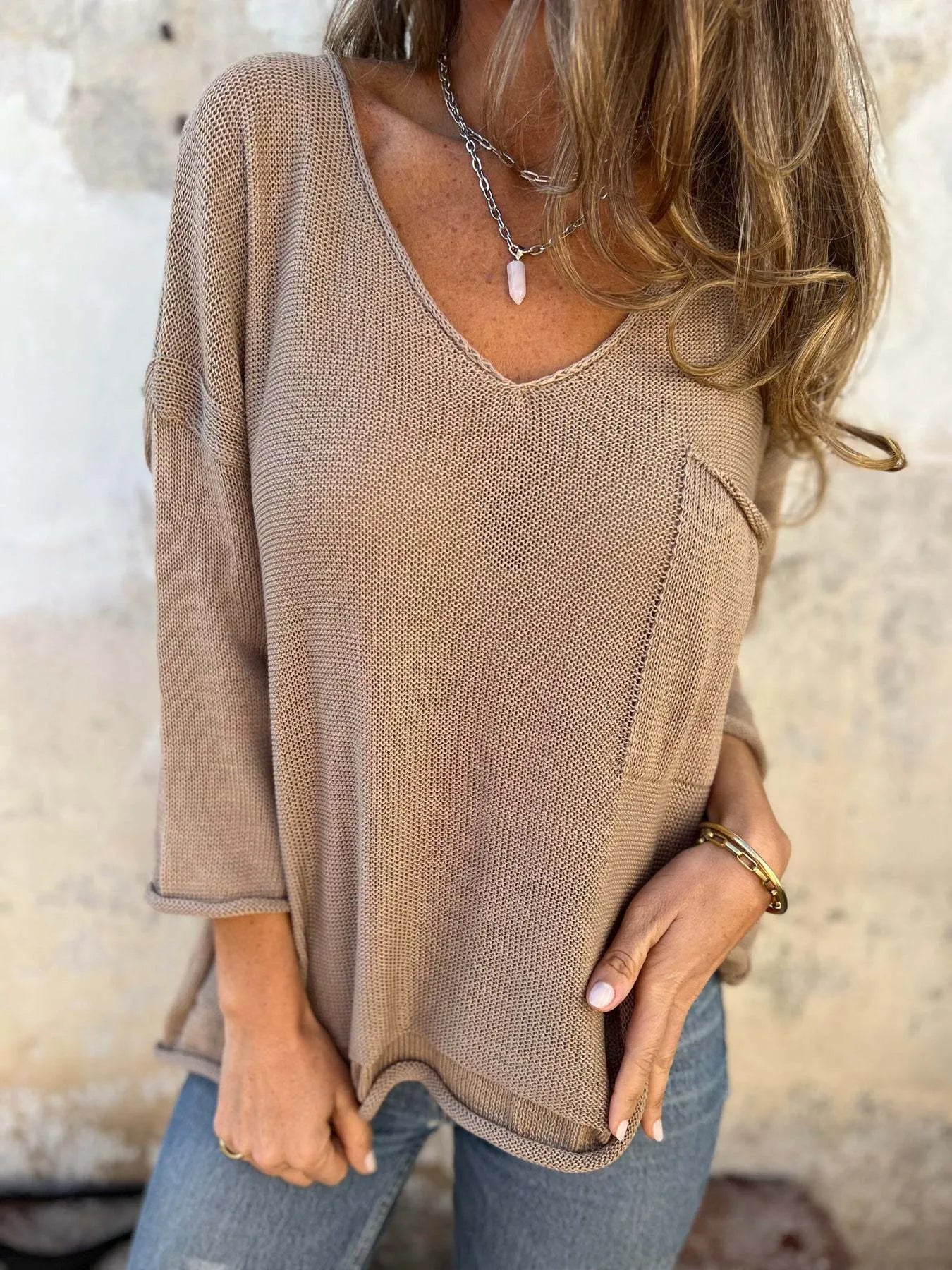 Full Size Casual V-Neck Knit Sweater Plus Size 