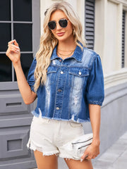 Distressed Raw Hem Button Up Denim Jacket 
