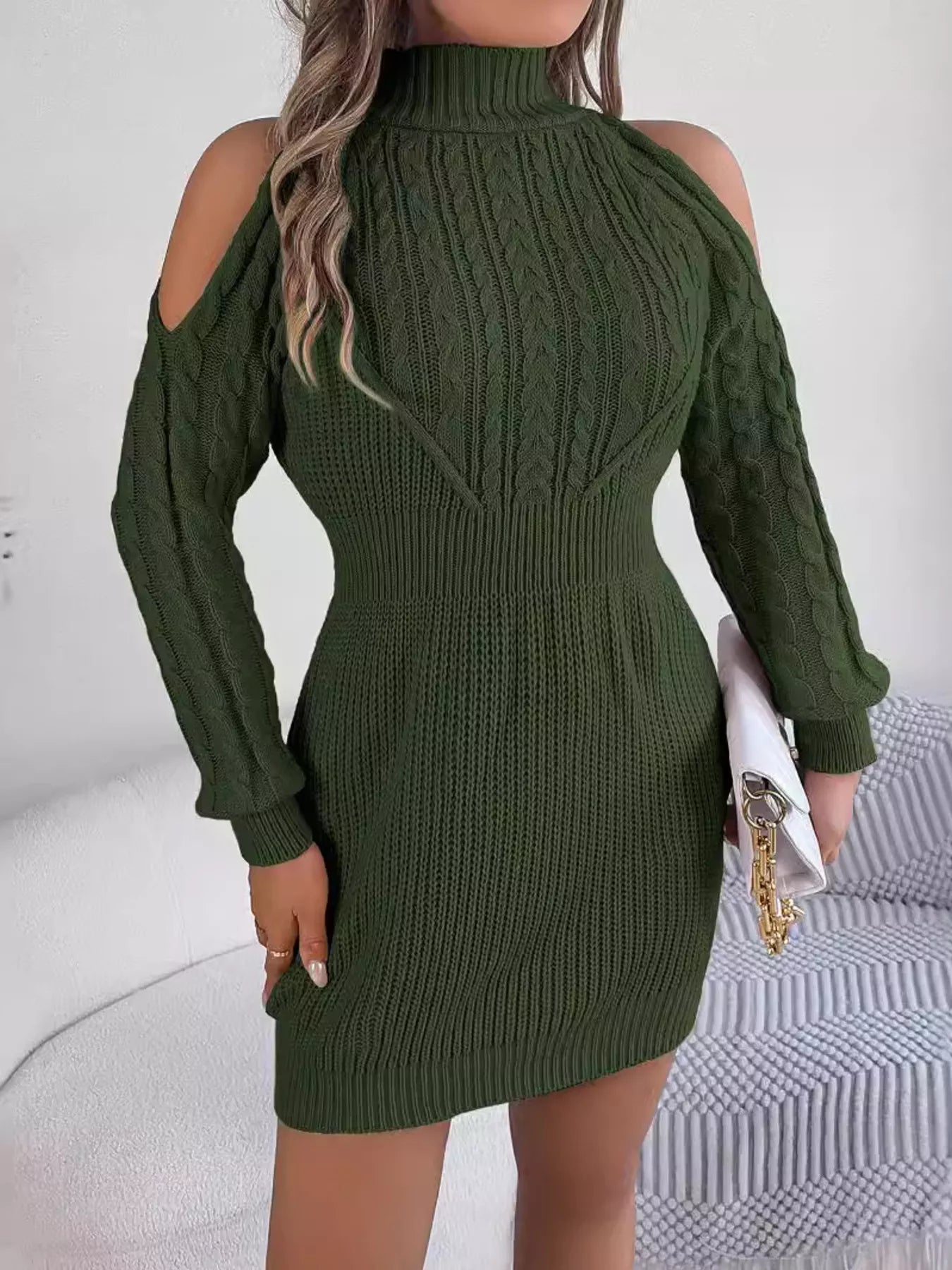 Cold Shoulder Cable Knit Turtleneck Sweater Dress 
