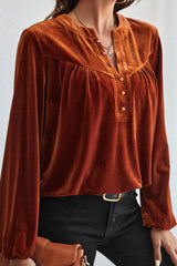 Notched Long Sleeve Velvet Top 
