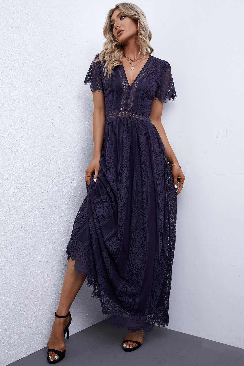 Scalloped Trim Lace Plunge Dress 