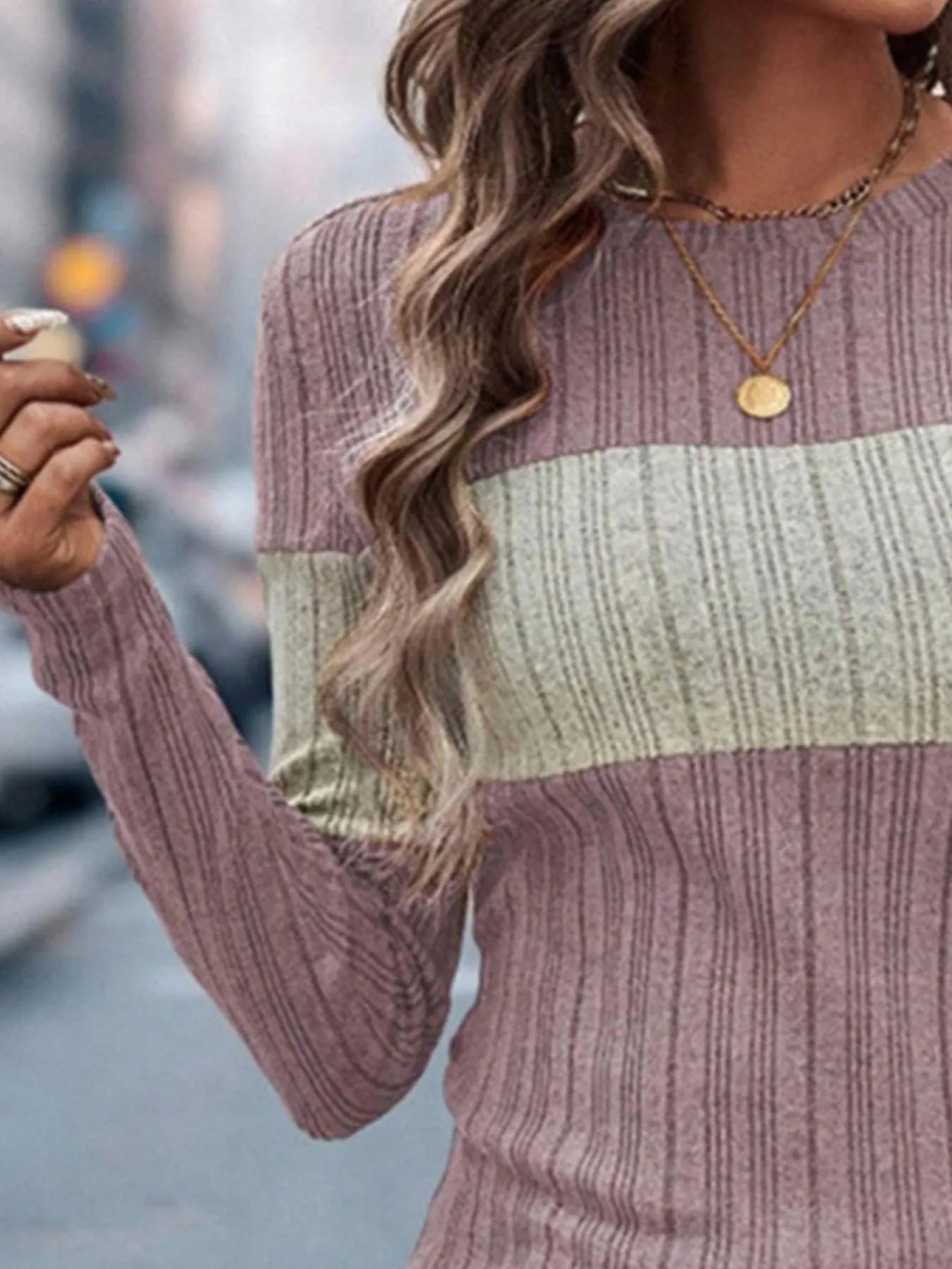 Color Block Round Neck Long Sleeve Sweater 