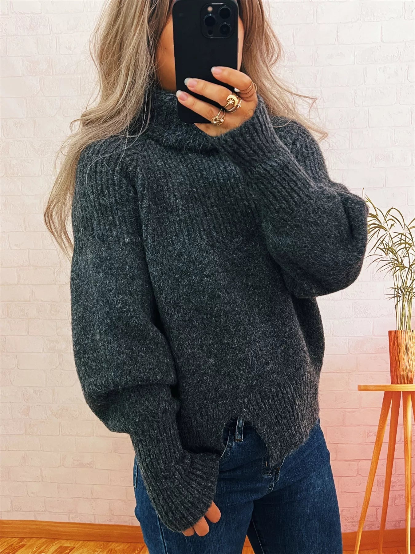 Ribbed Turtleneck Long Sleeve Sweater 