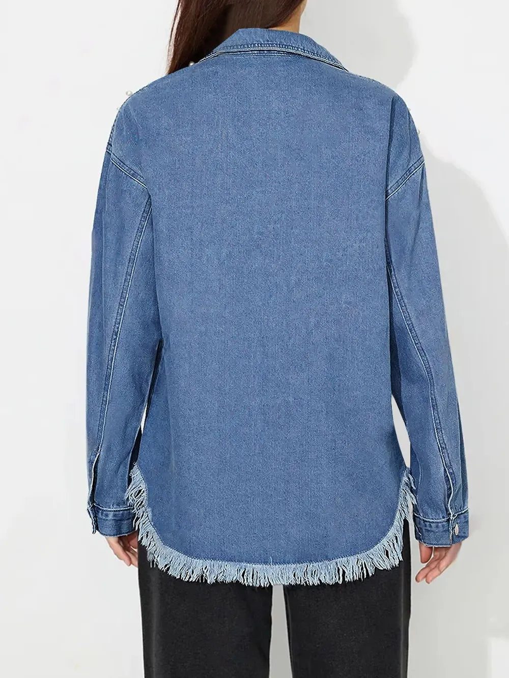 Raw Hem Pearl Trim Collared Neck Denim Top 