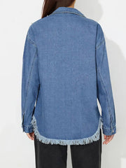 Raw Hem Pearl Trim Collared Neck Denim Top 