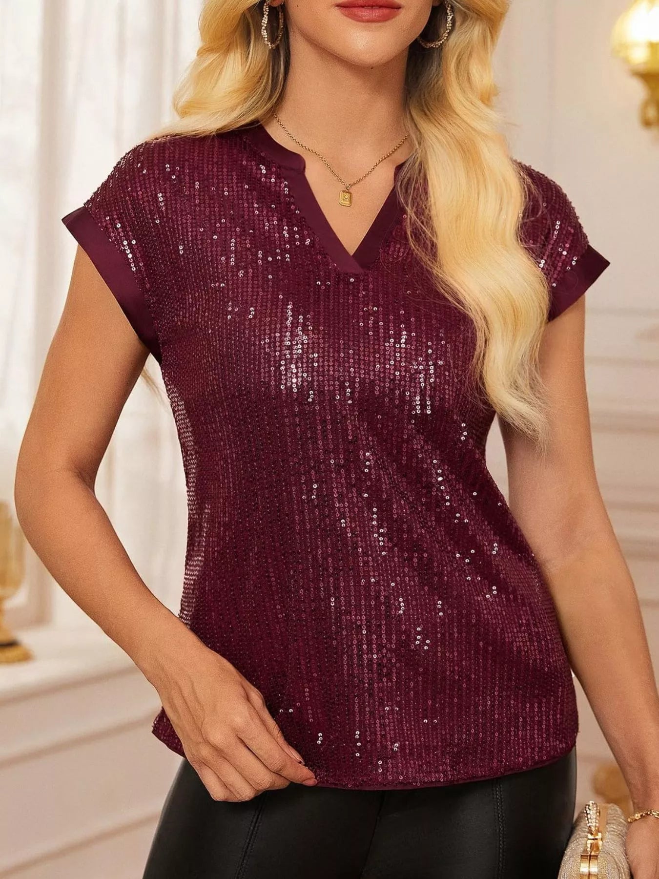 Sequin Notched Cap Sleeve Blouse 