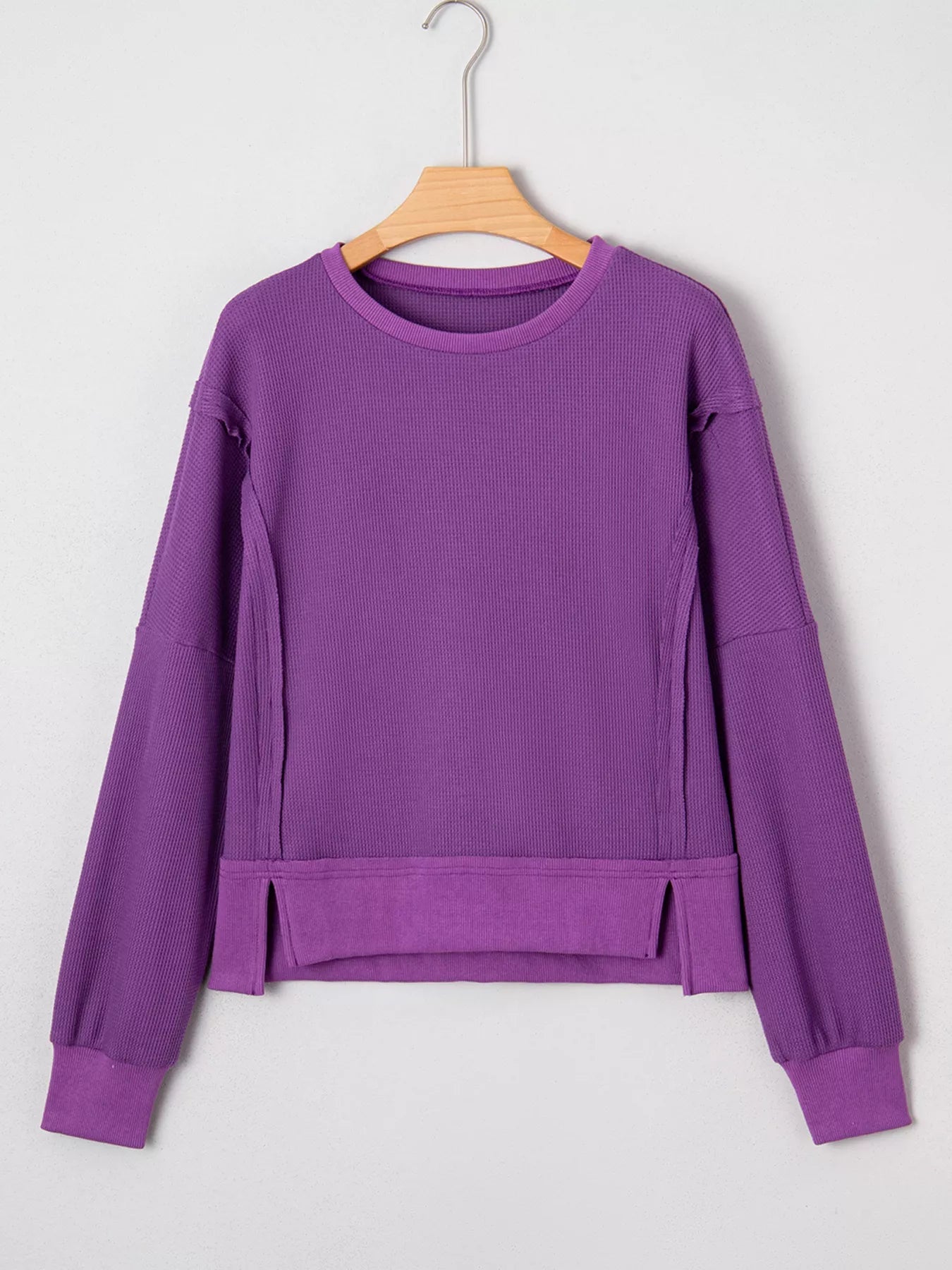 Solid Color Raw Seam Patchwork Ribbed Drop Shoulder Sweatshirt 