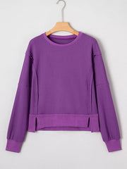 Solid Color Raw Seam Patchwork Ribbed Drop Shoulder Sweatshirt 