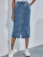 Buttoned Denim Skirt with Pockets 