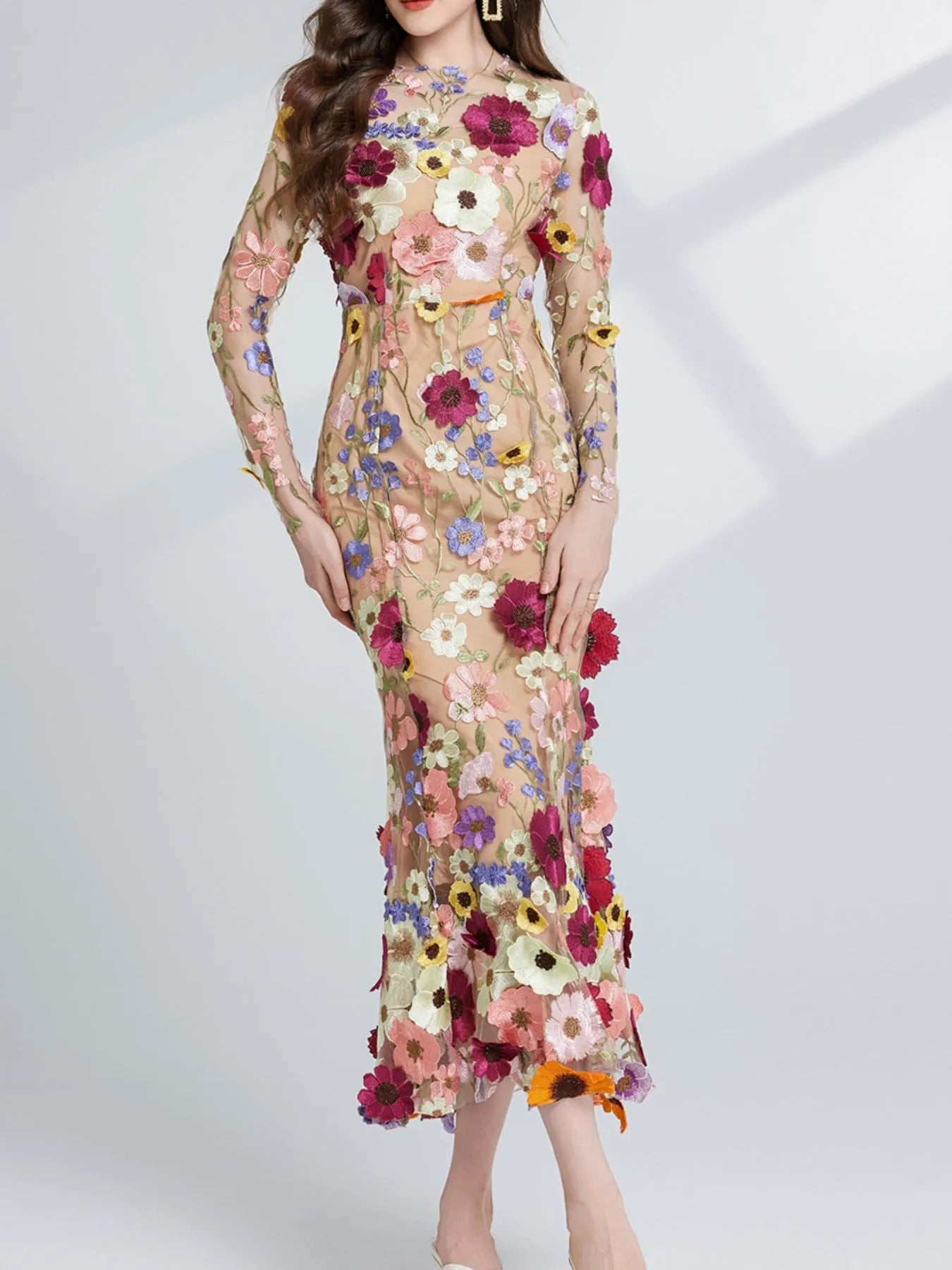 Floral Embroidered Mesh Long Sleeve Midi Dress 