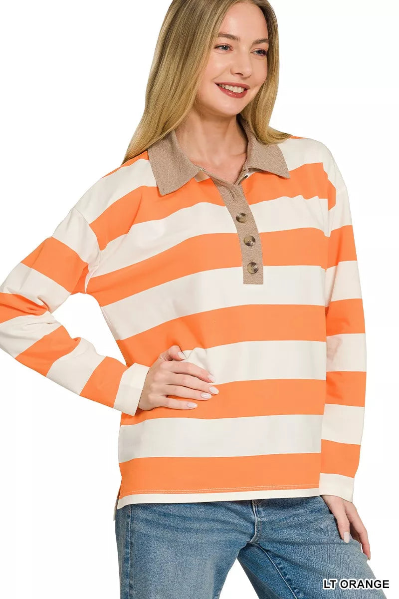 Zenana Striped Contrast Collar Polo Top 