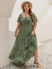 Plus Size Printed Short Sleeve Tiered Maxi Dress 